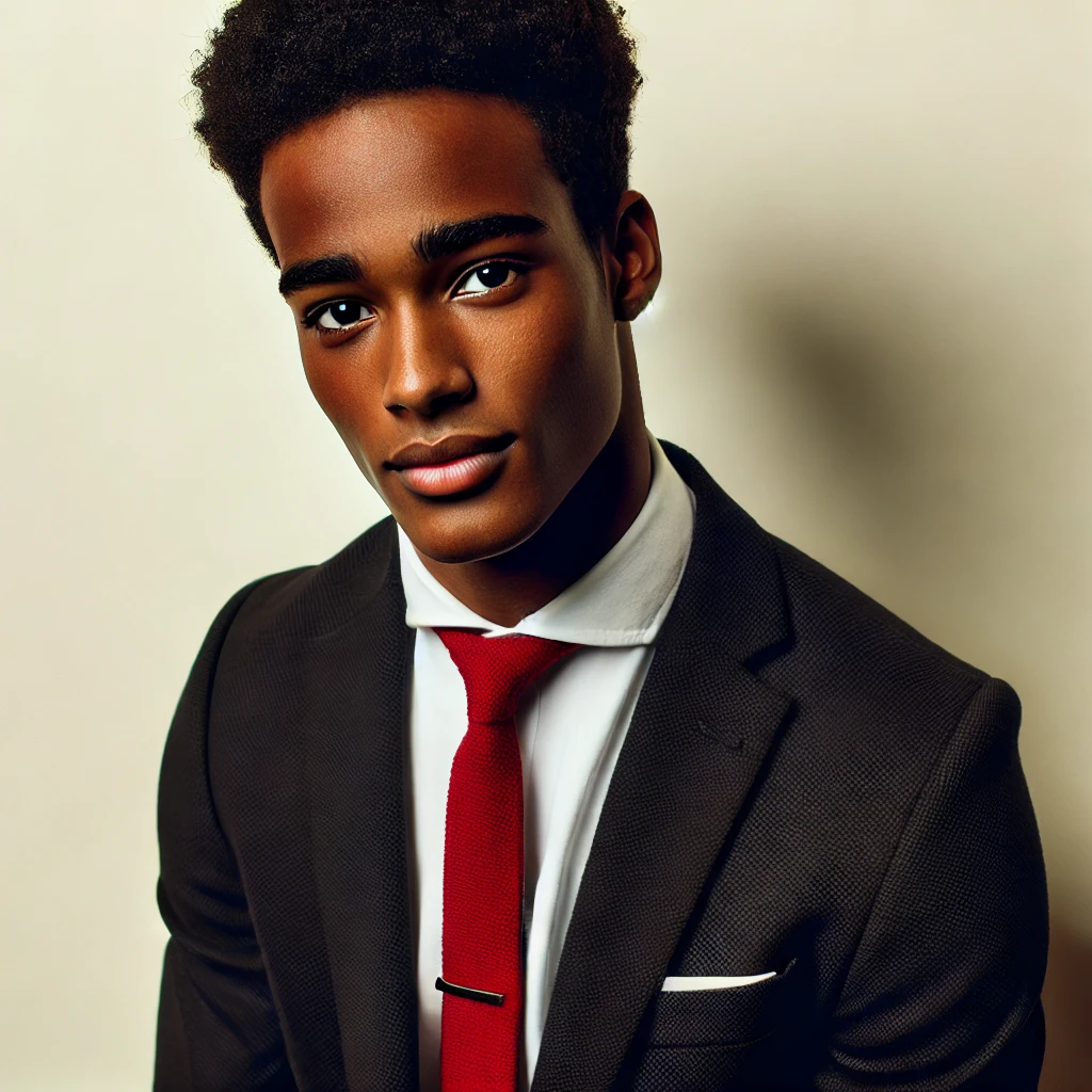 DALL·E 2025-02-26 11.16.04 - A young energetic male, aged between 20-30, with dark skin tone. He is wearing a black suit, a white shirt, and a red tie