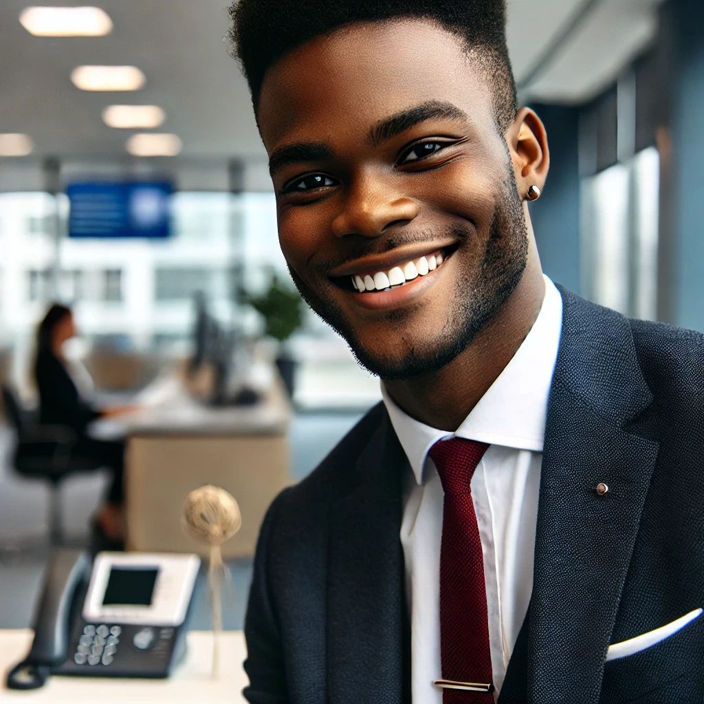 DALL·E 2025-03-02 02.26.46 - A joyful African gentleman in his late 20s to early 30s, dressed in professional office attire, looking confident and friendly