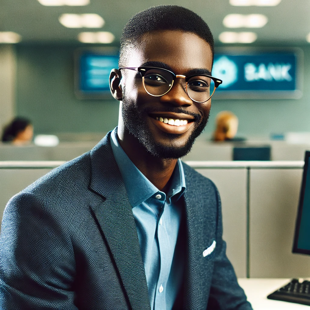 DALL·E 2025-03-02 02.32.07 - An African gentleman in his 30s, dressed in professional office attire, working as a bank teller